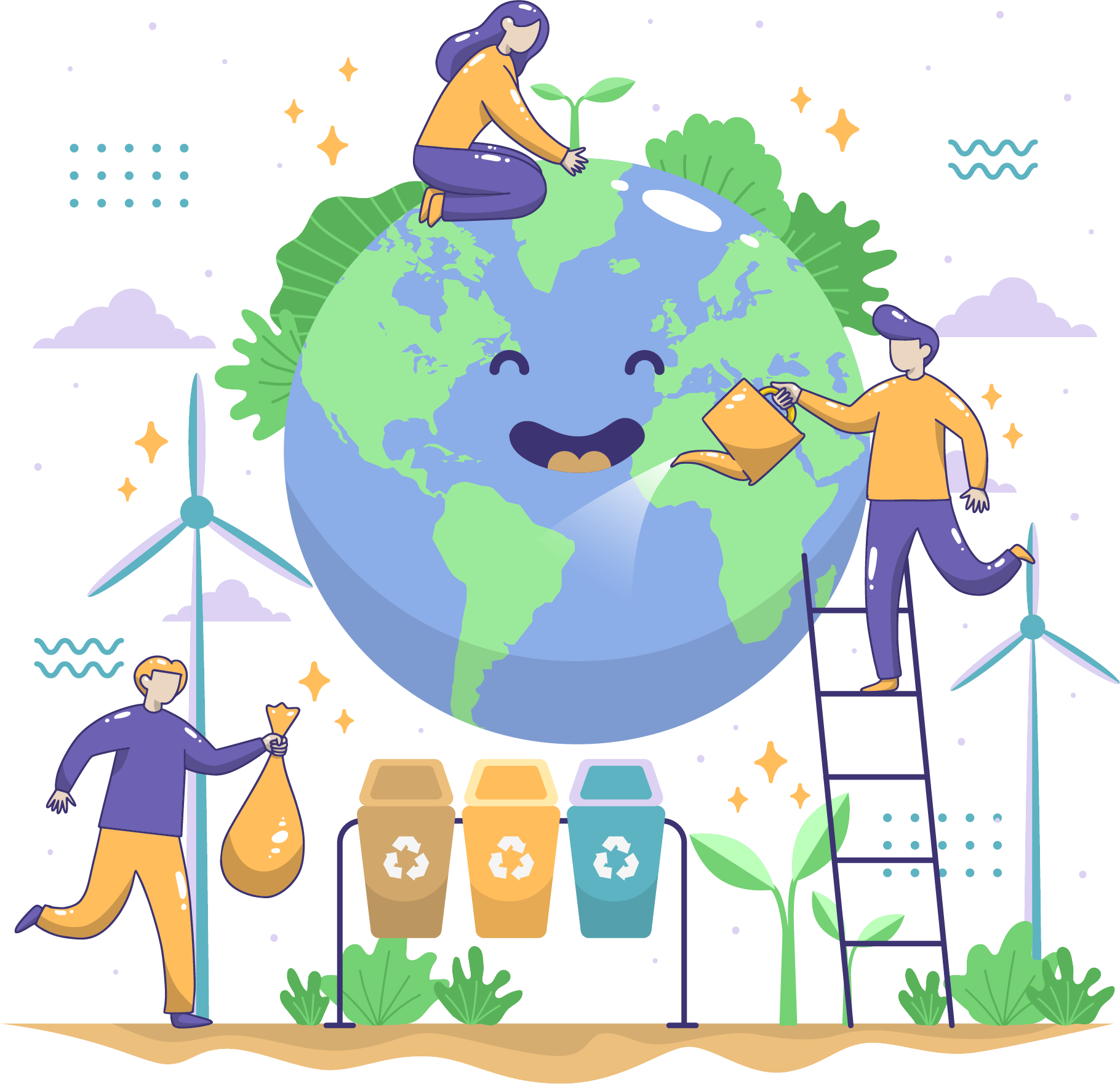 A person planting a seed on earth, a person watering the earth, and a person throwing away trash.